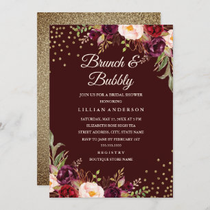 Invitation Brunch floral Gold Confetti Burgundy et Bubbly