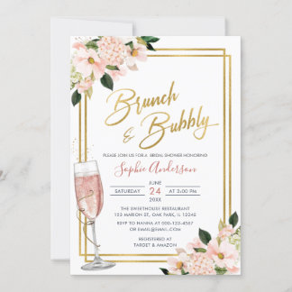 Invitation Brunch Floral Or Blush Et Fête des mariées Bubbly