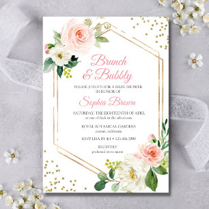 Invitation Brunch Floral Or Blush Et Fête des mariées Bubbly