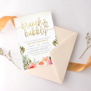 Invitation Brunch Floral Or & Fête des mariées Bubbly