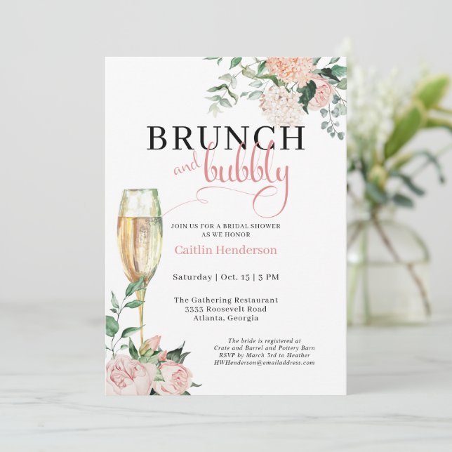 Invitation Brunch floral rose chic et Fête des mariées mousse (Debout devant)