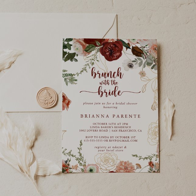Invitation Brunch floral rustique or avec douche de mariée (Créateur téléchargé)