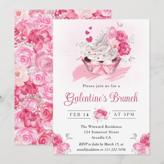 Invitation Brunch Galentine's Gâteau à l'aquarelle et Fleurs (Devant / Derrière)