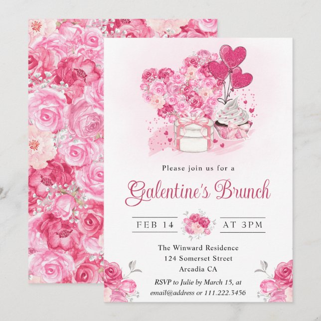 Invitation Brunch Galentine's Gâteau aquarelle et Cadeaux (Devant / Derrière)