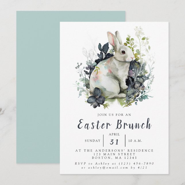 Invitation Brunch lapin de Pâques floral aquarelle (Devant / Derrière)
