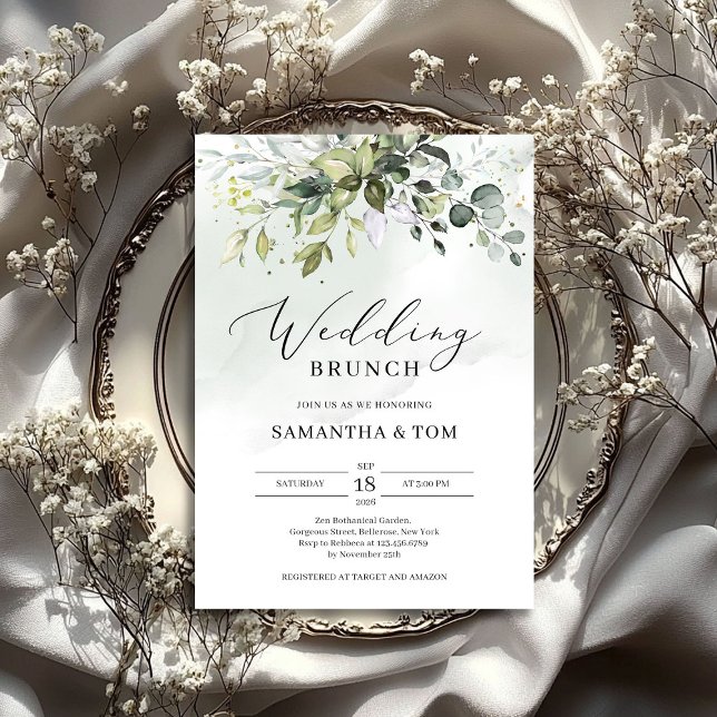Invitation Brunch mariage de feuillage vert eucalyptus boho (Greenery foliage leaves eucalyptus boho wedding invitation)