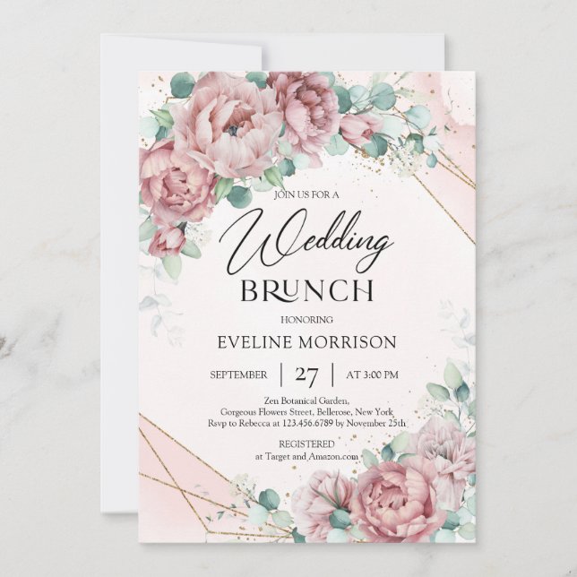 Invitation Brunch mariage rose à l'eucalyptus boho tendance (Devant)