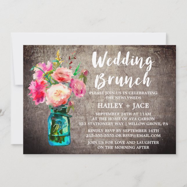 Invitation Brunch Mariage rustique Mason Jar et Flower Bouque (Devant)