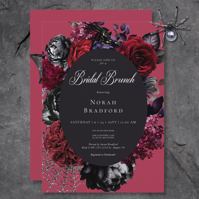 Invitation Brunch noir flamme d'Halloween floral rouge nuptia (Dark Halloween Glam Floral Red Bridal Brunch Invitation)