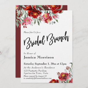 Invitation Brunch nuptial à la main Fleurs rouges bordeaux