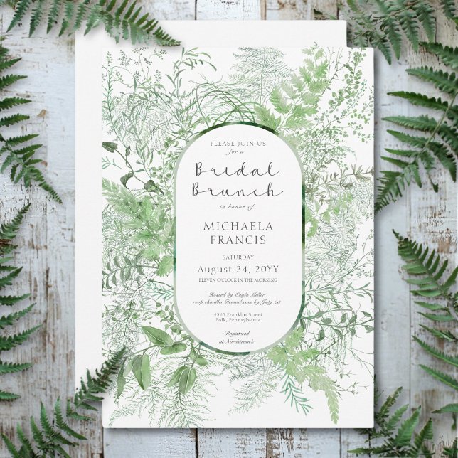 Invitation Brunch nuptial blanc feuillage vert de foune rusti (Rustic Fern Green Foliage White Bridal Brunch Invitation)