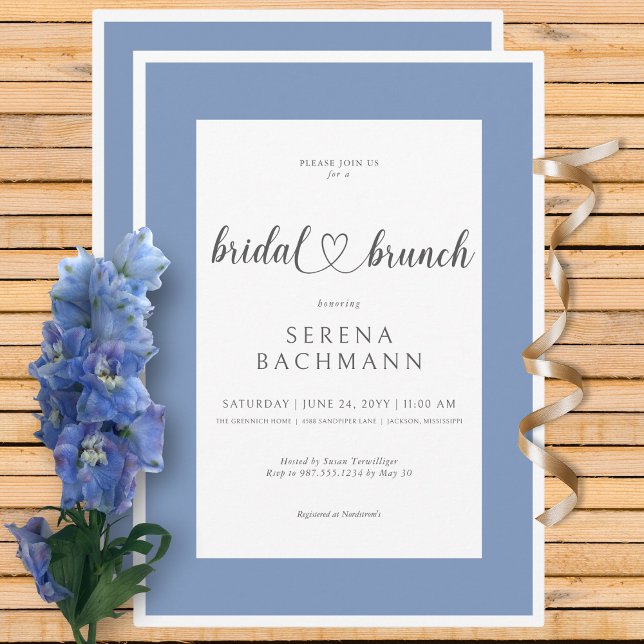 Invitation Brunch nuptial bleu et blanc romantique moderne (Modern Romantic Blue & White Bridal Brunch Invitation)