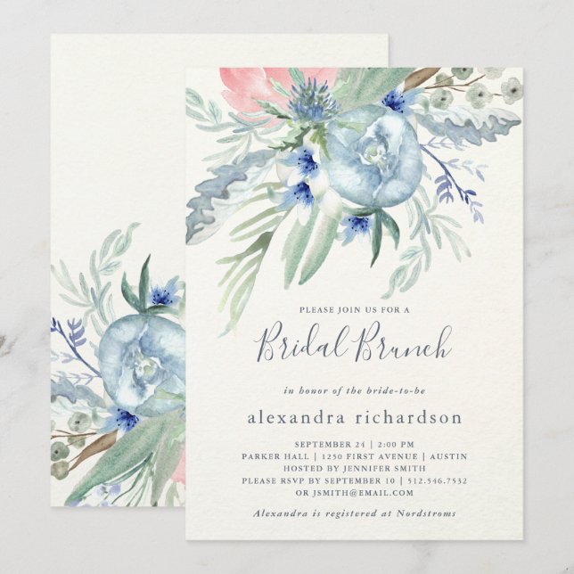 Invitation Brunch nuptial bleu et rose Peony (Devant / Derrière)