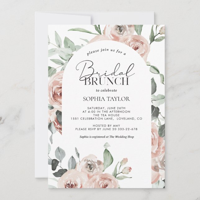 Invitation Brunch nuptial bleu Rose rose pâle Eucalyptus (Devant)