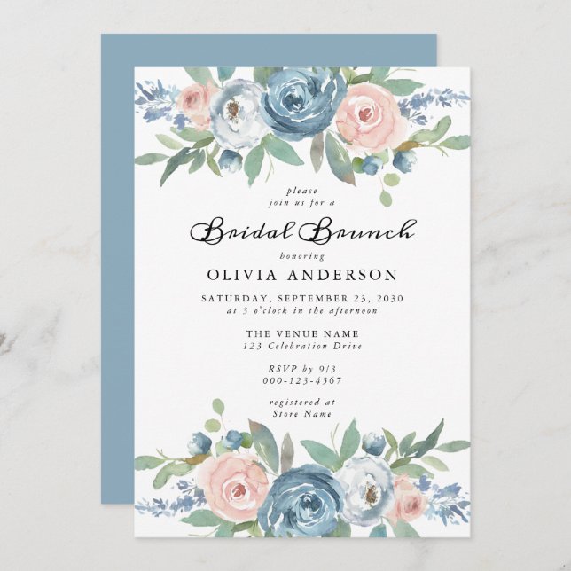 Invitation Brunch nuptial dusty Blue & Blush Rose Floral (Devant / Derrière)