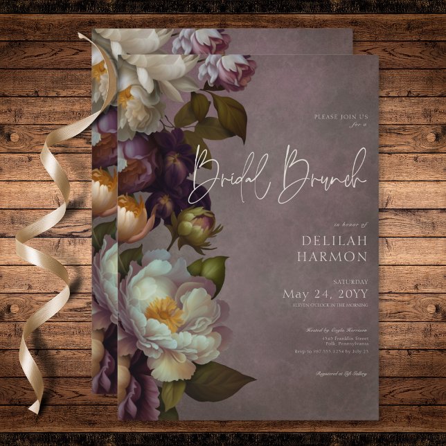Invitation Brunch nuptial en Bourgogne foncée et crème (Dark Moody Burgundy & Cream Floral Bridal Brunch Invitation)