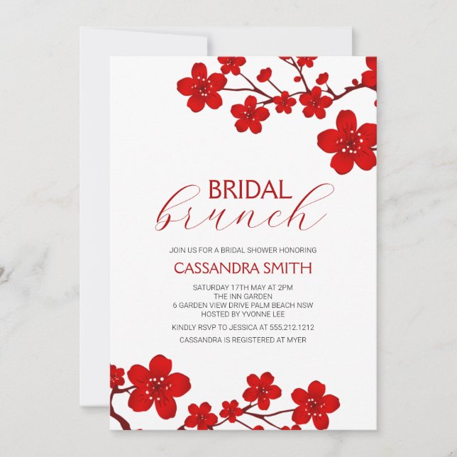Invitation Brunch nuptial en fleurs de cerisier rouge (Devant)