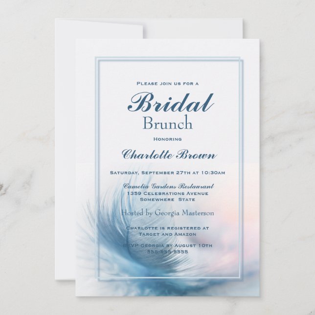 Invitation Brunch nuptial en plumes bleues (Devant)