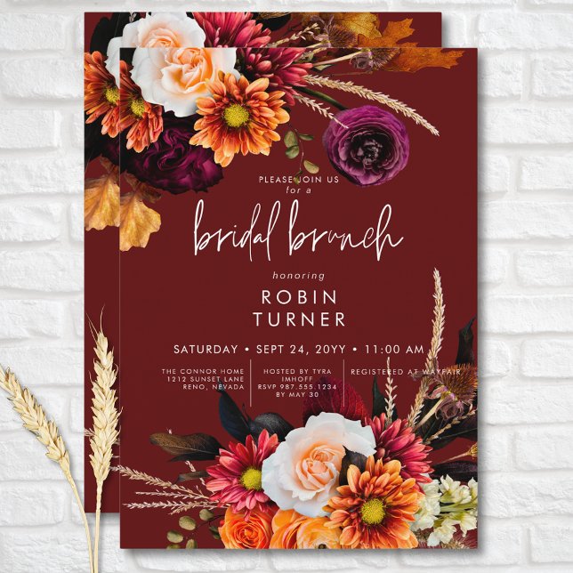 Invitation Brunch nuptial en rouille foncée de Boho Floral (Dark Russet Boho Floral Rust Bridal Brunch Invitation)