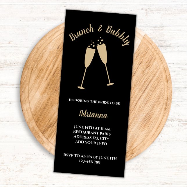 Invitation Brunch nuptial Et Bubbly Élégant Noir Et Or (bridal brunch and bubbly invitation brunch and bubbly baridal shower black and golden champagne )