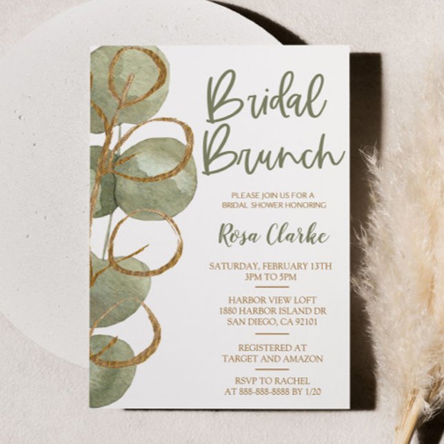 Invitation Brunch nuptial Eucalyptus vert et Gold Foil (Créateur téléchargé)