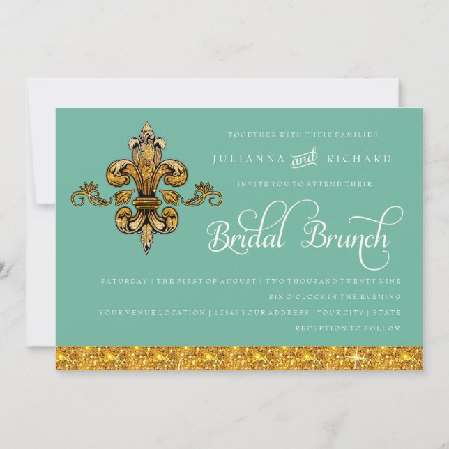 Invitation Brunch nuptial Faux Gold Turquoise Formal Fleur de (Dos)