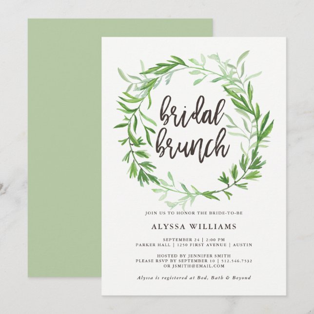 Invitation Brunch nuptial Feuille de couronne verte (Devant / Derrière)