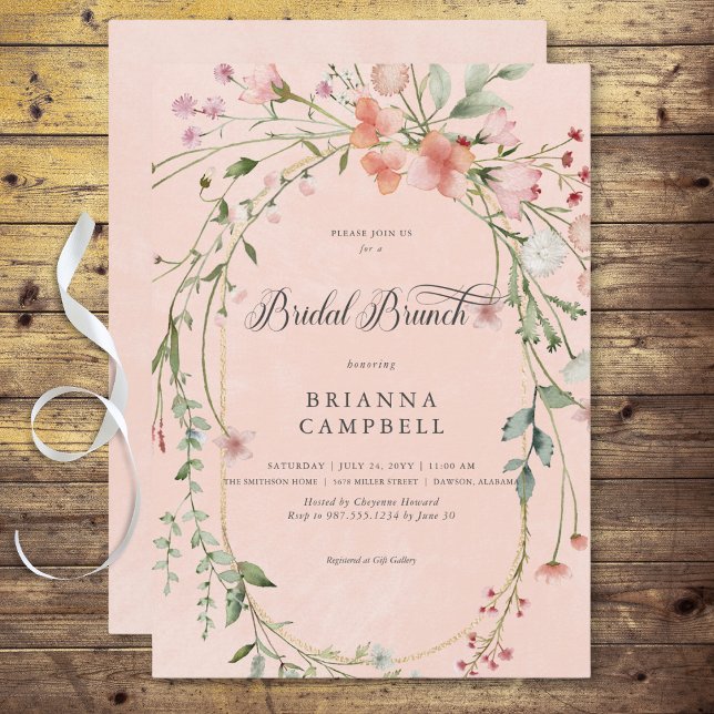 Invitation Brunch nuptial Fleur sauvage rustique rose délicat (Delicate Pink Rustic Wildflowers Bridal Brunch Invitation)