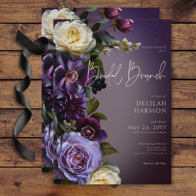 Invitation Brunch nuptial floral foncé mauve et lavande (Dark Moody Purple & Lavender Floral Bridal Brunch Invitation)