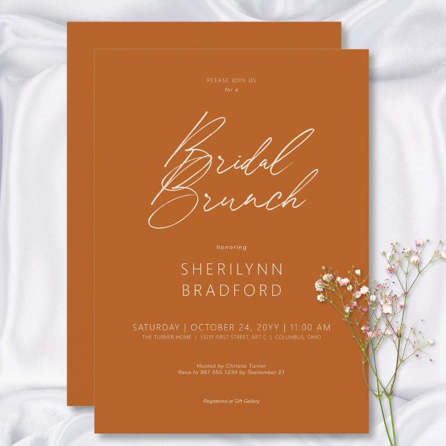 Invitation Brunch nuptial minimal brûlé orange moderne (Modern Minimal Burnt Orange Bridal Brunch Invitation)