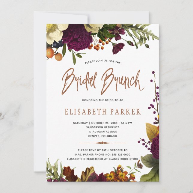 Invitation Brunch nuptial moderne automne fleurie douche nupt (Devant)