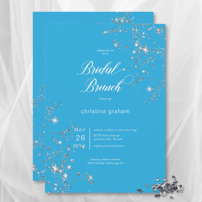 Invitation Brunch nuptial moderne bleu et blanc en diamants d (Modern Blue & White Glam Diamonds Bridal Brunch Invitation)