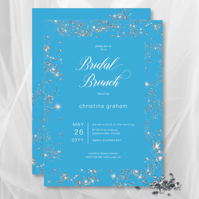 Invitation Brunch nuptial moderne en verre bleu diamant cadre (Modern Blue Glam Diamond Frame Bridal Brunch Invitation)