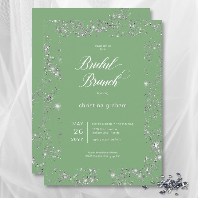 Invitation Brunch nuptial moderne en verre vert diamant cadre (Modern Green Glam Diamond Frame Bridal Brunch Invitation)