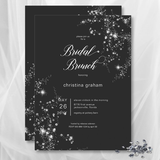Invitation Brunch nuptial moderne noir et blanc en diamants d (Modern Black & White Glam Diamonds Bridal Brunch Invitation)