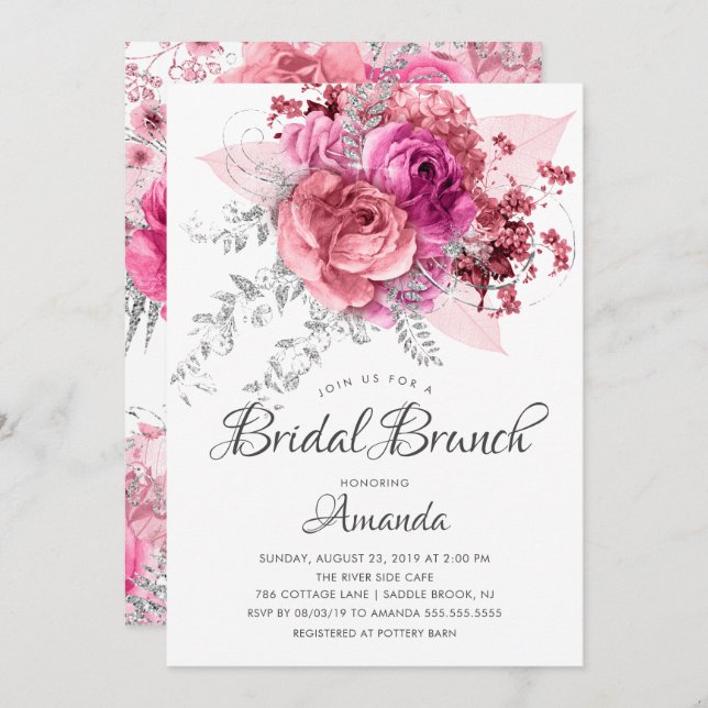 Invitation Brunch nuptial moderne rose et argent (Devant / Derrière)