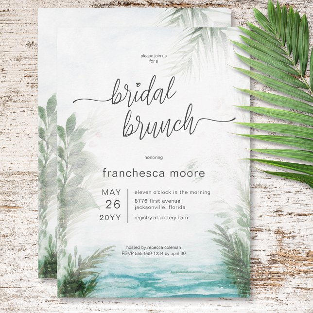 Invitation Brunch nuptial moderne Tropical Sea & Palms (Modern Tropical Sea & Palms Bridal Brunch Invitation)