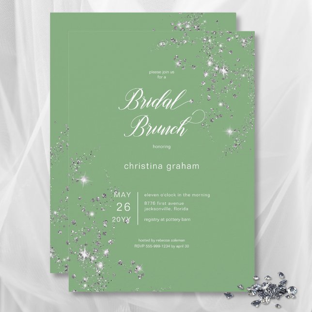 Invitation Brunch nuptial moderne vert et blanc en diamants d (Modern Green & White Glam Diamonds Bridal Brunch Invitation)