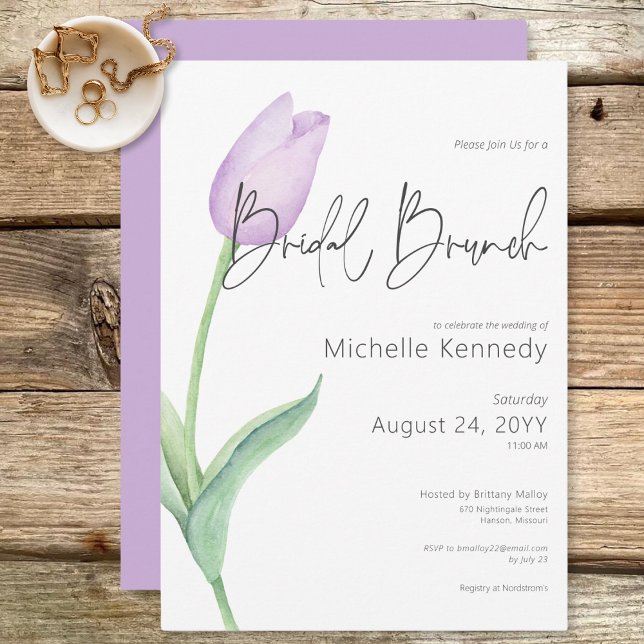Invitation Brunch nuptial moderne violet Tulip solo (Modern Purple Tulip Solo Bridal Brunch Invitation)