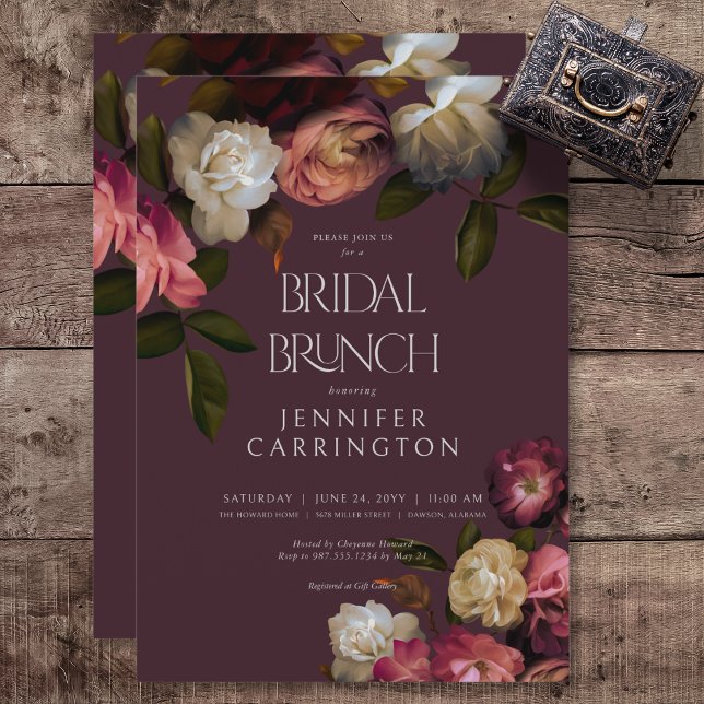 Invitation Brunch nuptial Moody Burgundy & Cream Peonies (Dark Moody Pink Burgundy & Cream Peonies Bridal Brunch Invitation)