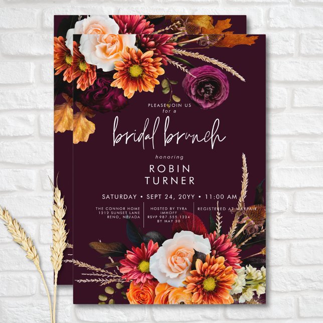 Invitation Brunch nuptial noir rouset boho floral bordeaux (Dark Russet Boho Floral Burgundy Bridal Brunch Invitation)