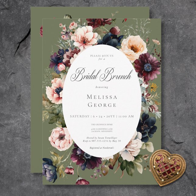 Invitation Brunch nuptial ovale foncé (Dark Green Oval Floral Frame Bridal Brunch Invitation)