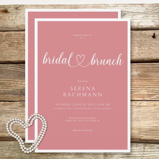 Invitation Brunch nuptial romantique moderne minimaliste rose (Modern Romantic Minimal Pink Bridal Brunch Invitation)