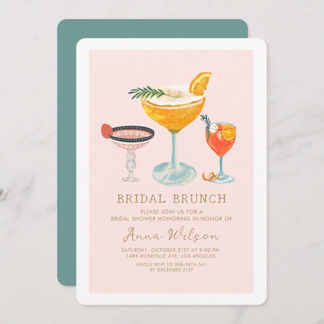 Invitation Brunch nuptial rose Coctails Fête des mariées blus (Créateur téléchargé)