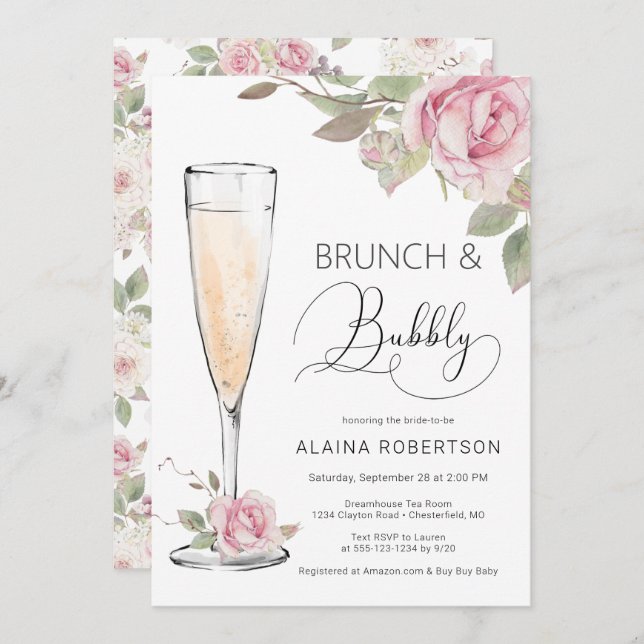 Invitation Brunch nuptial rose et bulbbly Mimosa (Devant / Derrière)