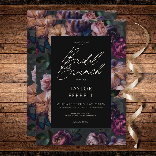Invitation Brunch nuptial rose foncé et doré (Dark Pink Burgundy & Gold Floral Bridal Brunch Invitation)