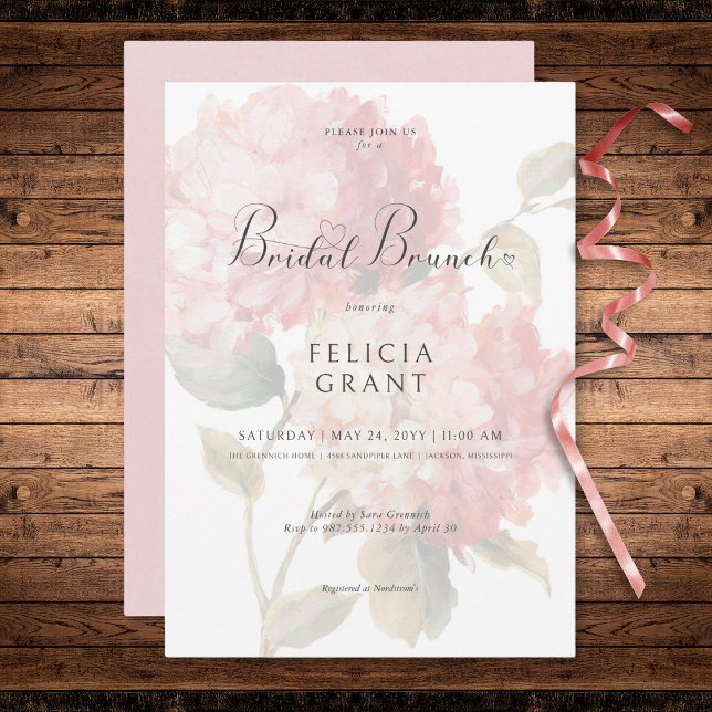 Invitation Brunch nuptial rose moderne Hydrangea (Modern Pink Blush Hydrangea Bridal Brunch Invitation)