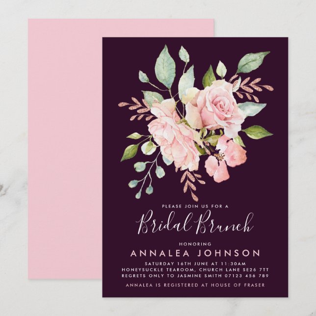 Invitation Brunch nuptial Rose rose et aubergine (Devant / Derrière)