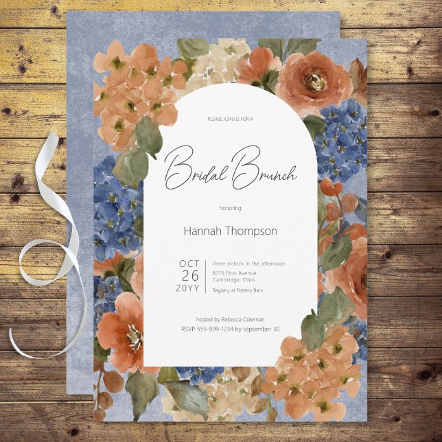 Invitation Brunch nuptial rustique bleu et rouille (Rustic Blue & Rust Floral Bridal Brunch Invitation)