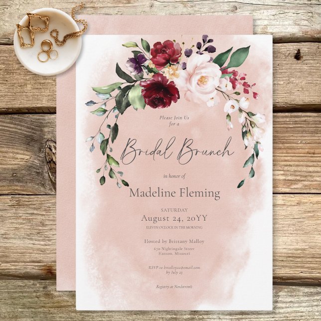 Invitation Brunch nuptial rustique Bourgogne & Roses Roses Ro (Rustic Burgundy & Blush Pink Roses Bridal Brunch Invitation)